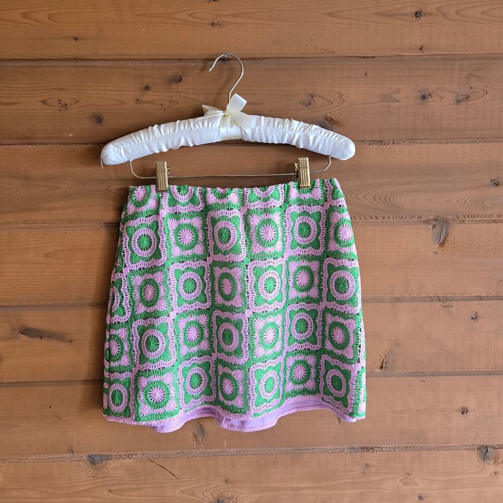 Show Me Your Mumu Skirt Flower Power Mini Crochet Pink Green S Preppy Pink Green - Picture 2 of 5